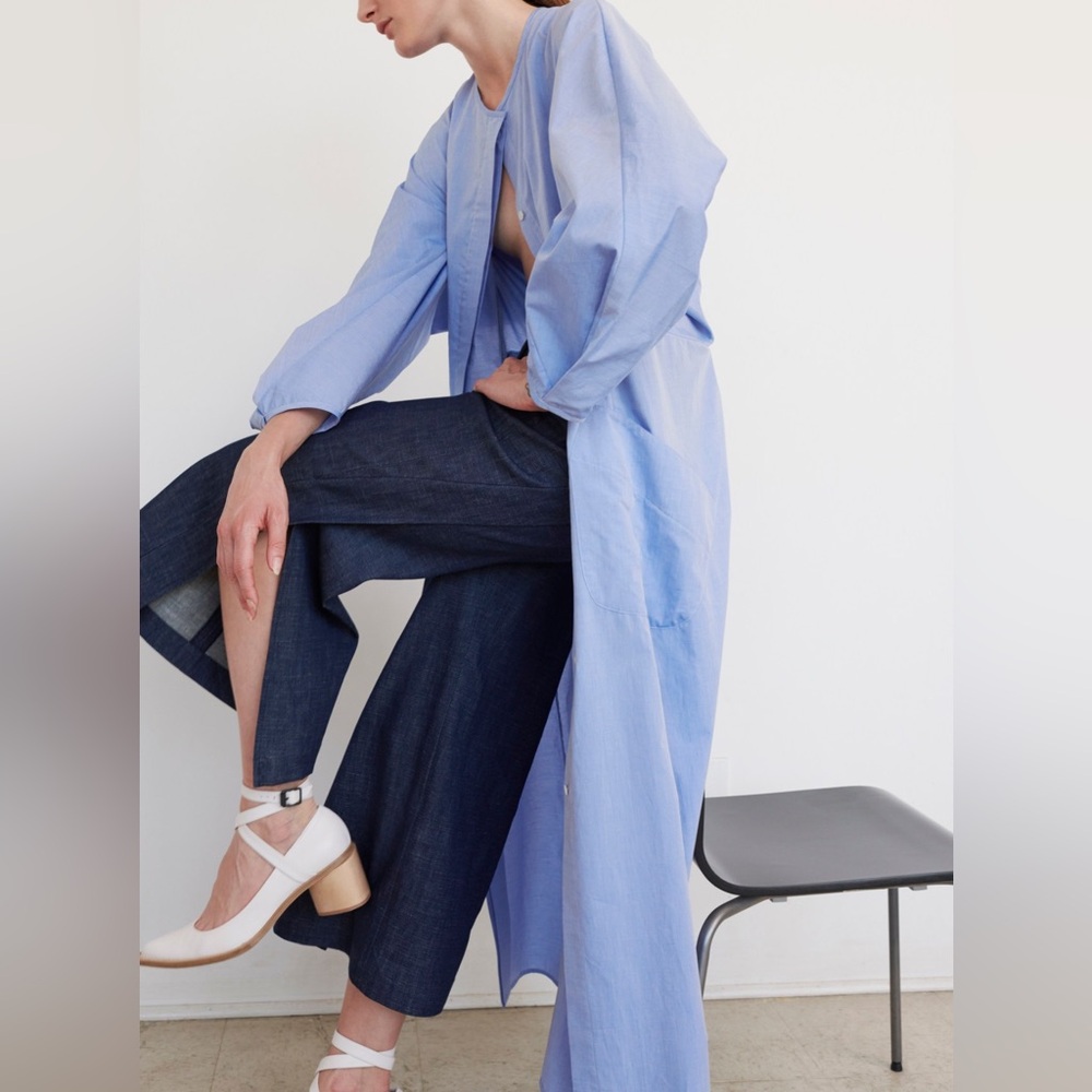 Zero + Maria Cornejo chambray wide leg cropped pant 10 large split hem faux wrap